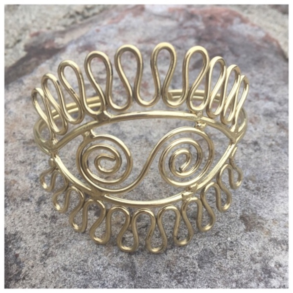 Brass Wire Adjustable Sun Tribal Bracelet Cuff Gold - Picture 2 of 5
